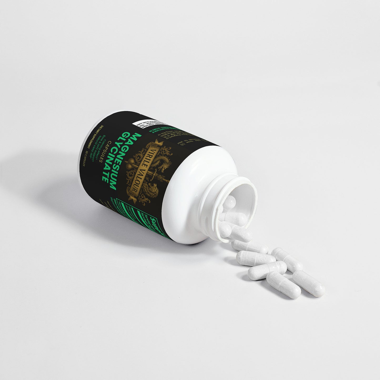 Virile Valour Magnesium Glycinate For Men supplement bottle with white capsules spilling out on a light gray background
