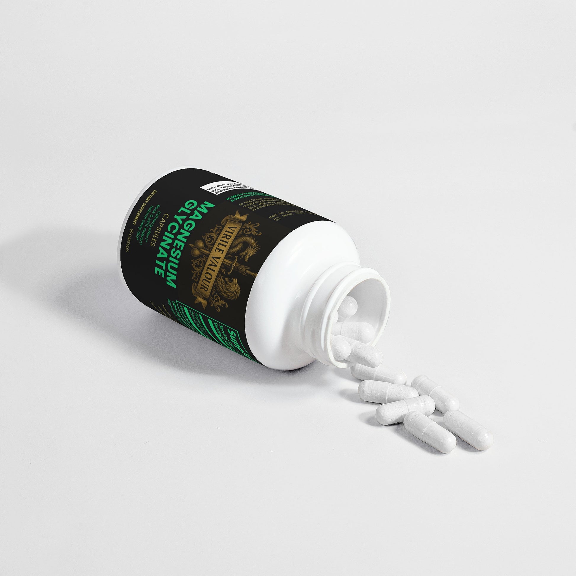 Virile Valour Magnesium Glycinate For Men supplement bottle with white capsules spilling out on a light gray background