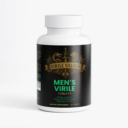 Bottle of Virile Valour Men's Virile Tablets on a white background