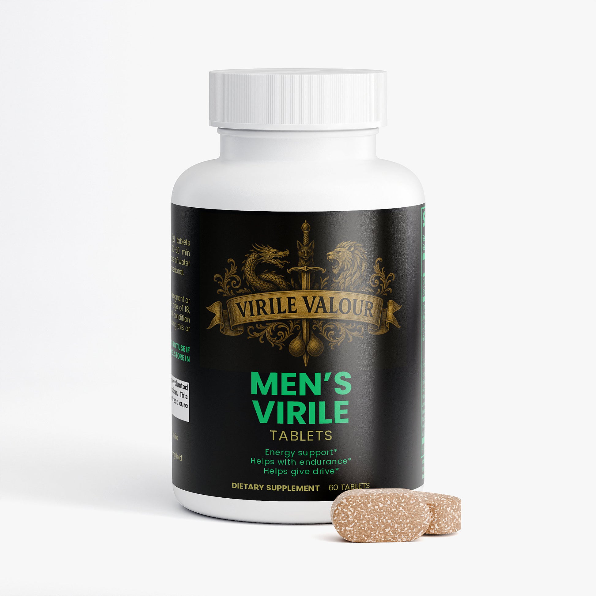 Bottle of Virile Valour Men's Virile Tablets with packaging and tablets on a white background