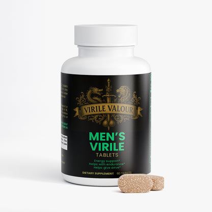 Bottle of Virile Valour Men's Virile Tablets with packaging and tablets on a white background