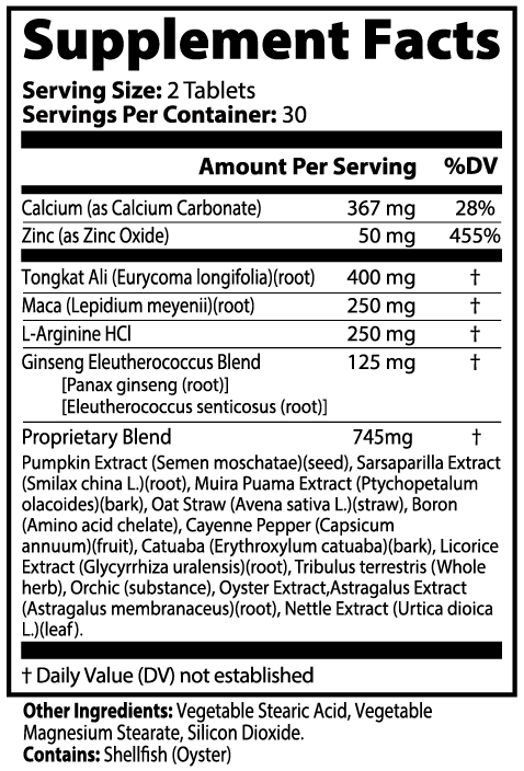 Virile Valour Mens Virile Tablets For Men Supplement label with detailed nutritional information and ingredients.
