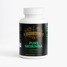 Virile Valour Moringa Pure For Men Supplement bottle labeled 'Pure Moringa' by Virile Valour on a white background