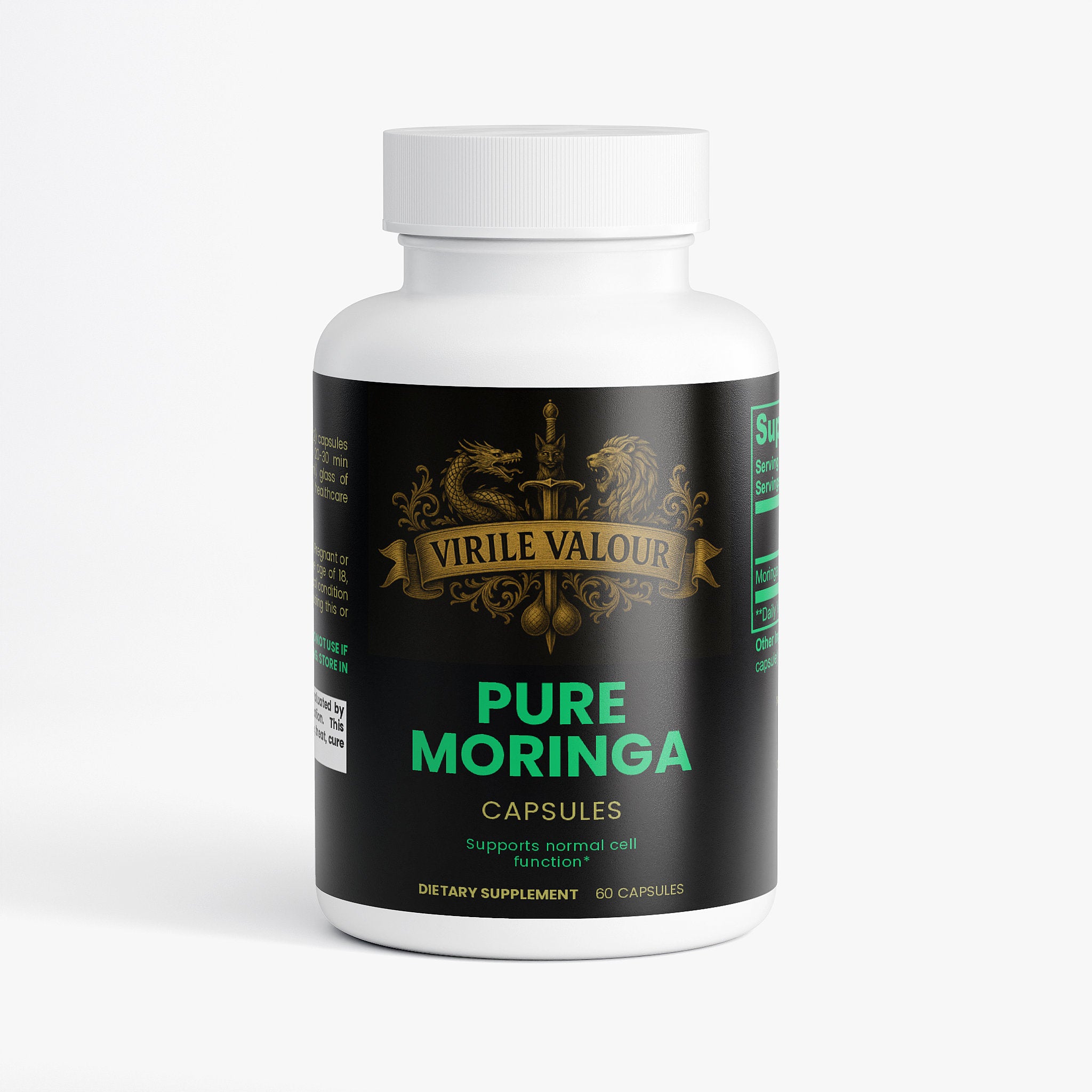 Virile Valour Moringa Pure For Men Supplement bottle labeled 'Pure Moringa' by Virile Valour on a white background
