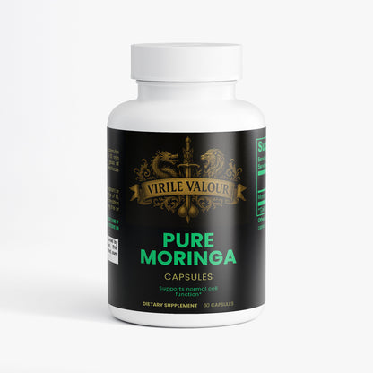 Virile Valour Moringa Pure For Men Supplement bottle labeled 'Pure Moringa' by Virile Valour on a white background