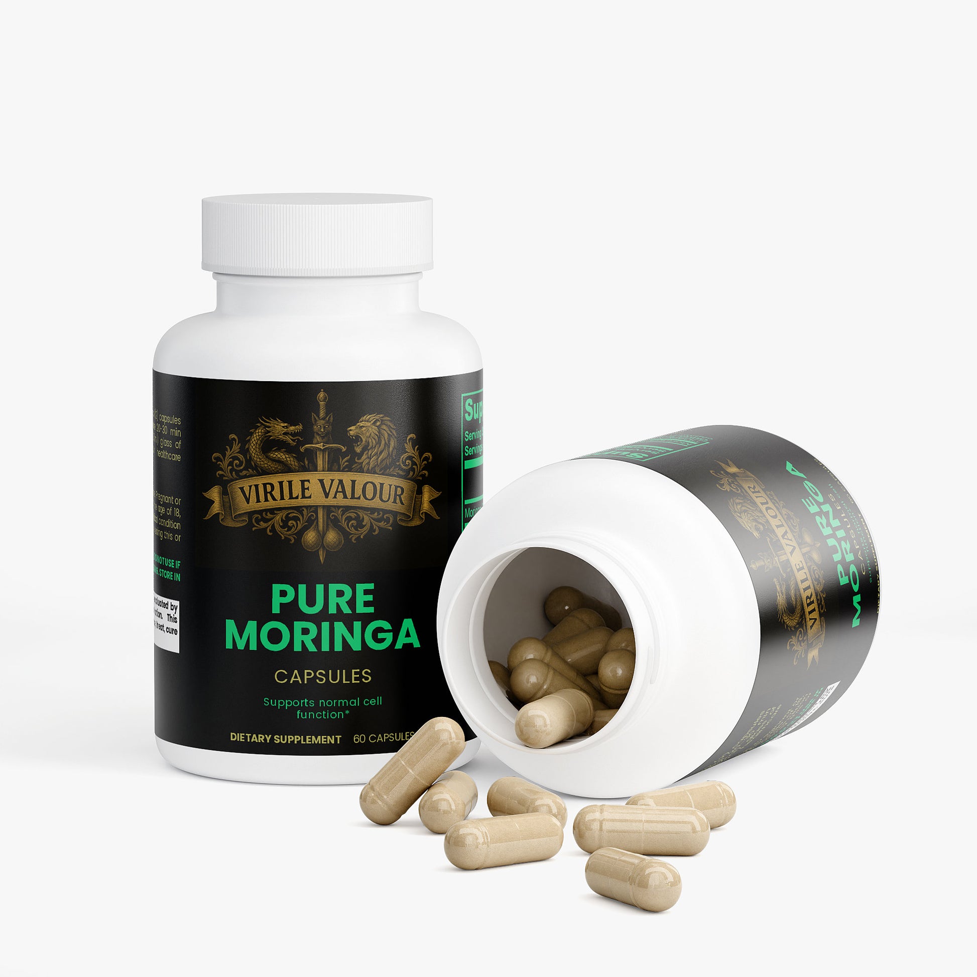 Virile Valour Pure Moringa capsules with open bottle on a white background