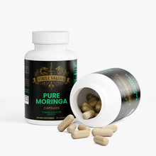 Virile Valour Pure Moringa capsules with open bottle on a white background