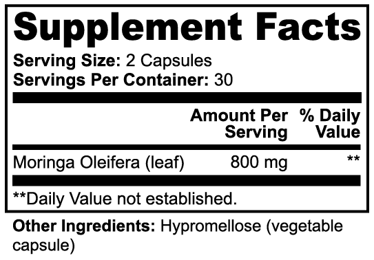 Virile Valour Moringa Pure For Men Supplement facts label with Moringa Oleifera and Hypromellose information
