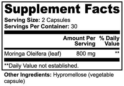 Virile Valour Moringa Pure For Men Supplement facts label with Moringa Oleifera and Hypromellose information