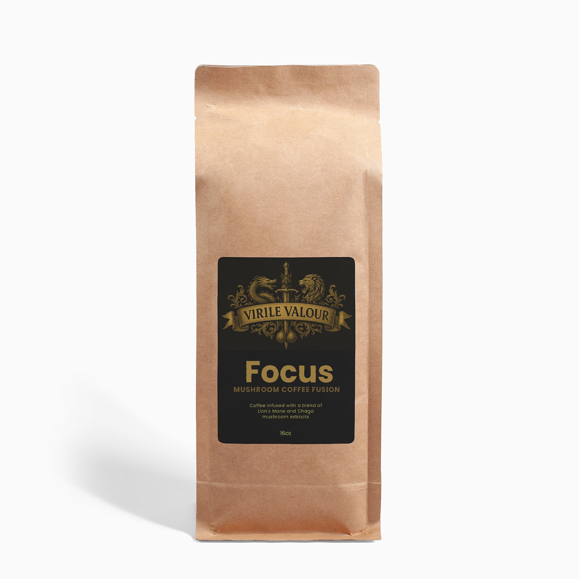 Kraft paper coffee bag with Virile Valour Mushroom Coffee Fusion Lion’sMane Chaga For Men 16oz label on a white background