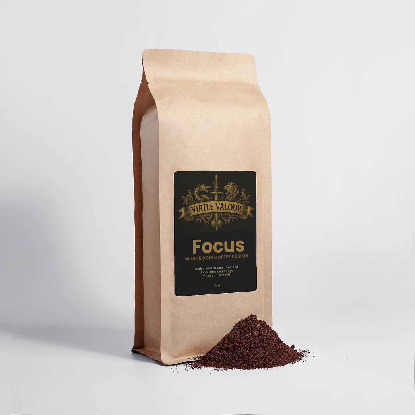 Coffee bag labeled 'Focus' by Virile Valour with ground coffee spilling out on a light gray background