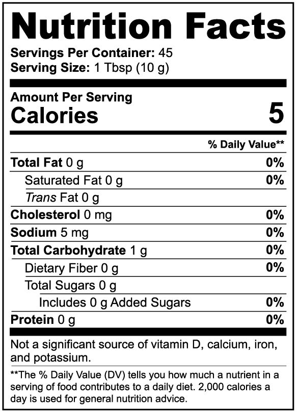 Virile Valour Mushroom Coffee Fusion Lions Mane Chaga For Men 16oz Nutrition facts label for a product with 5 calories per serving
