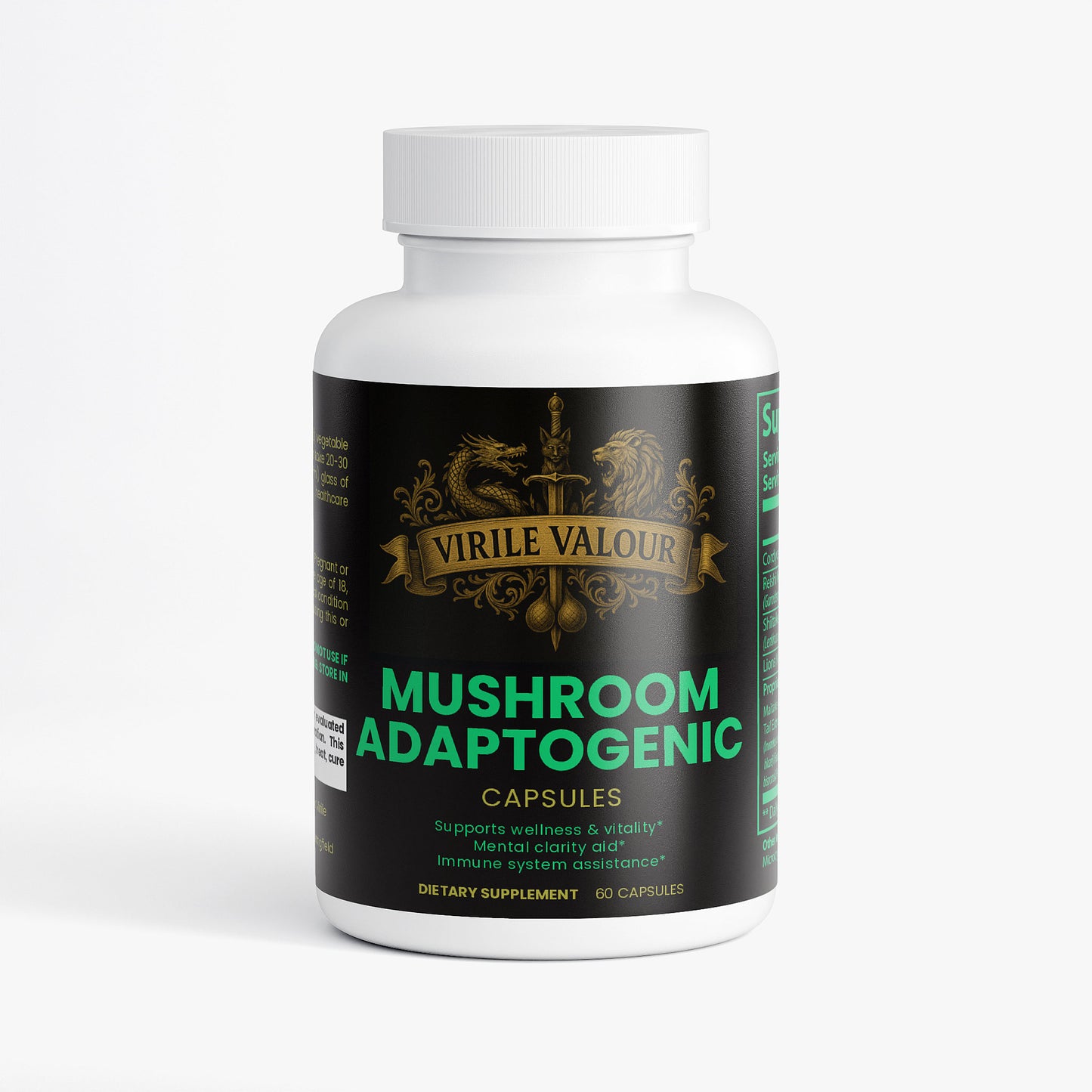 Supplement bottle labeled 'Mushroom Adaptogenic' by Virile Valour on a white background