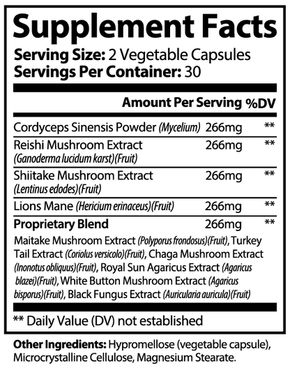Virile Valour Mushroom Complex 10X For Men facts label with various mushroom extracts and serving information.