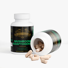 Supplement bottle labeled 'Mushroom Adaptogen' with open cap showing capsules on a white background