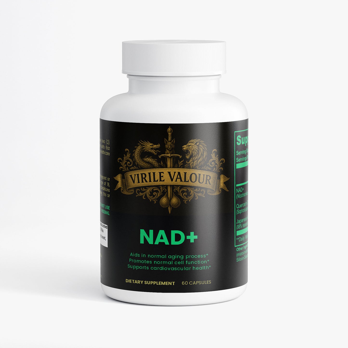 Supplement bottle labeled 'Virile Valour NAD+' on a white background