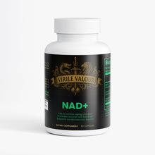 Supplement bottle labeled 'Virile Valour NAD+' on a white background