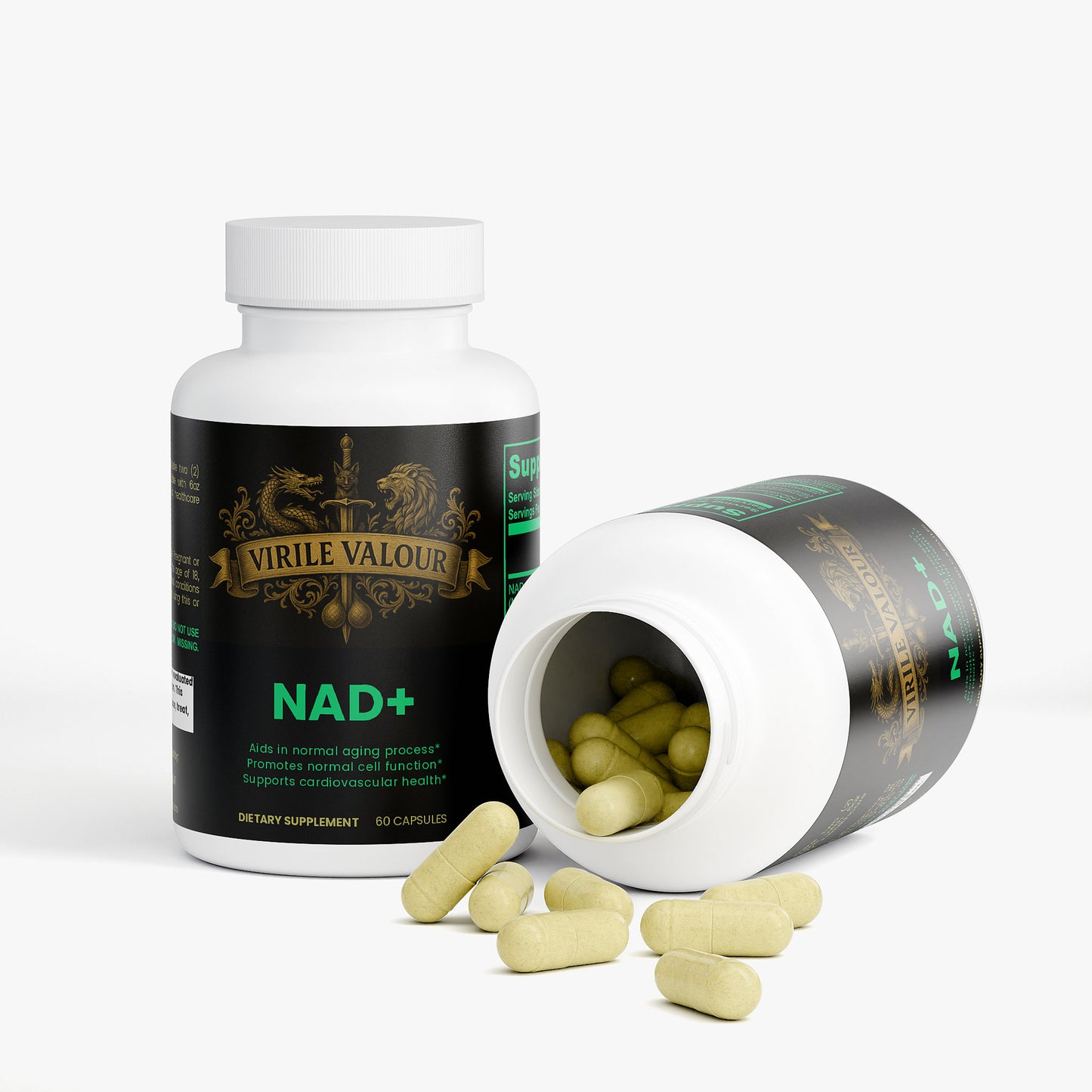 Supplement bottle labeled 'Virile Valour' with open cap showing capsules on a white background