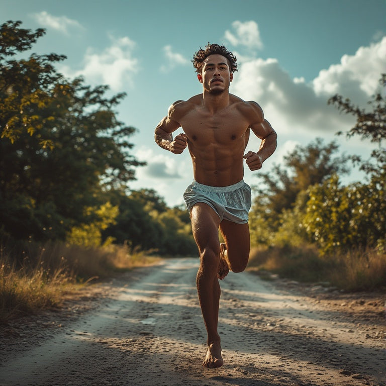 Virile Valour Natural Testoterone Boost Male For Best Supplment For Your Male Health Goals running shirtless on a dirt road with trees and sky in the background