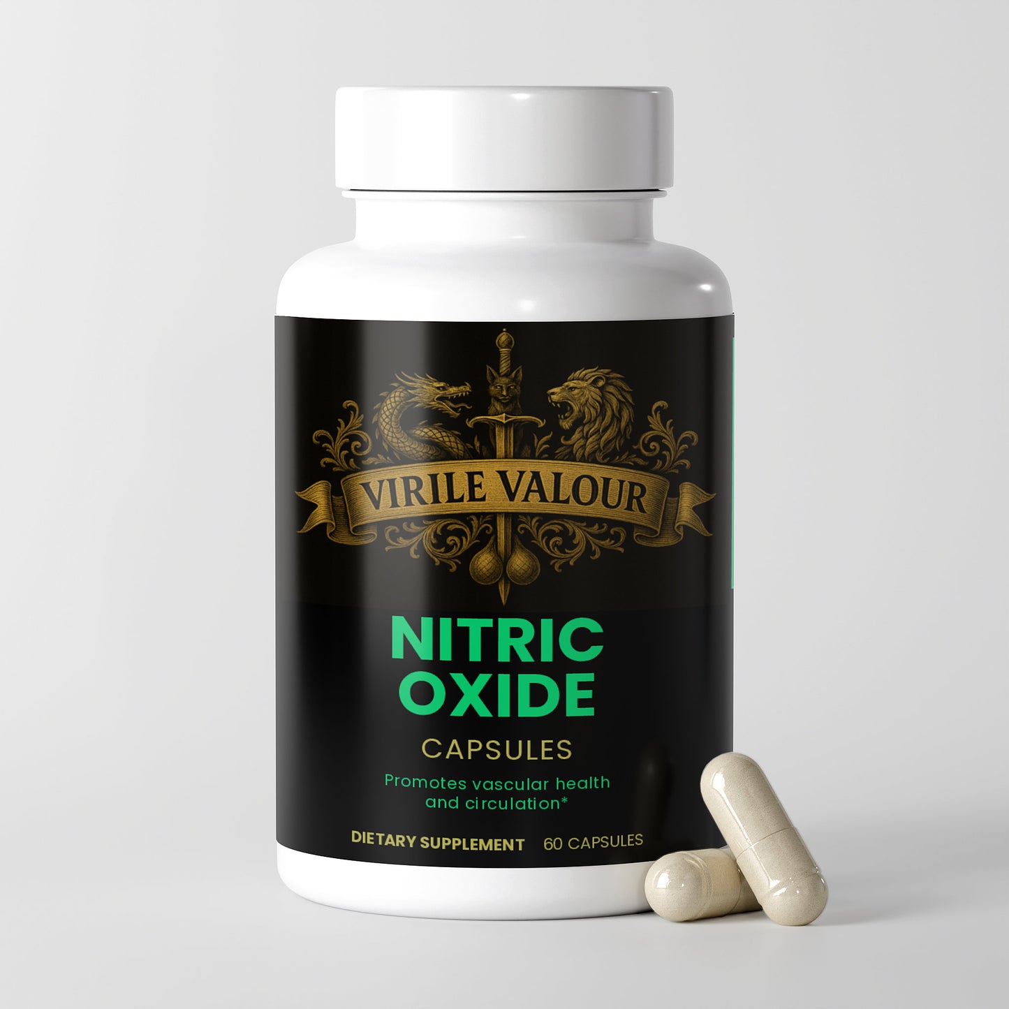 Supplement bottle labeled 'Virile Valour Nitric Oxide Capsules' on a white background that increase Erection strength