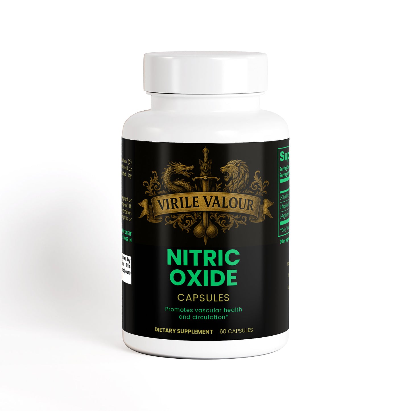 Supplement bottle labeled 'Virile Valour Nitric Oxide Capsules' on a white background that has ingredients to boost Erections, Testosterone, and Muscle Growth Naturally 