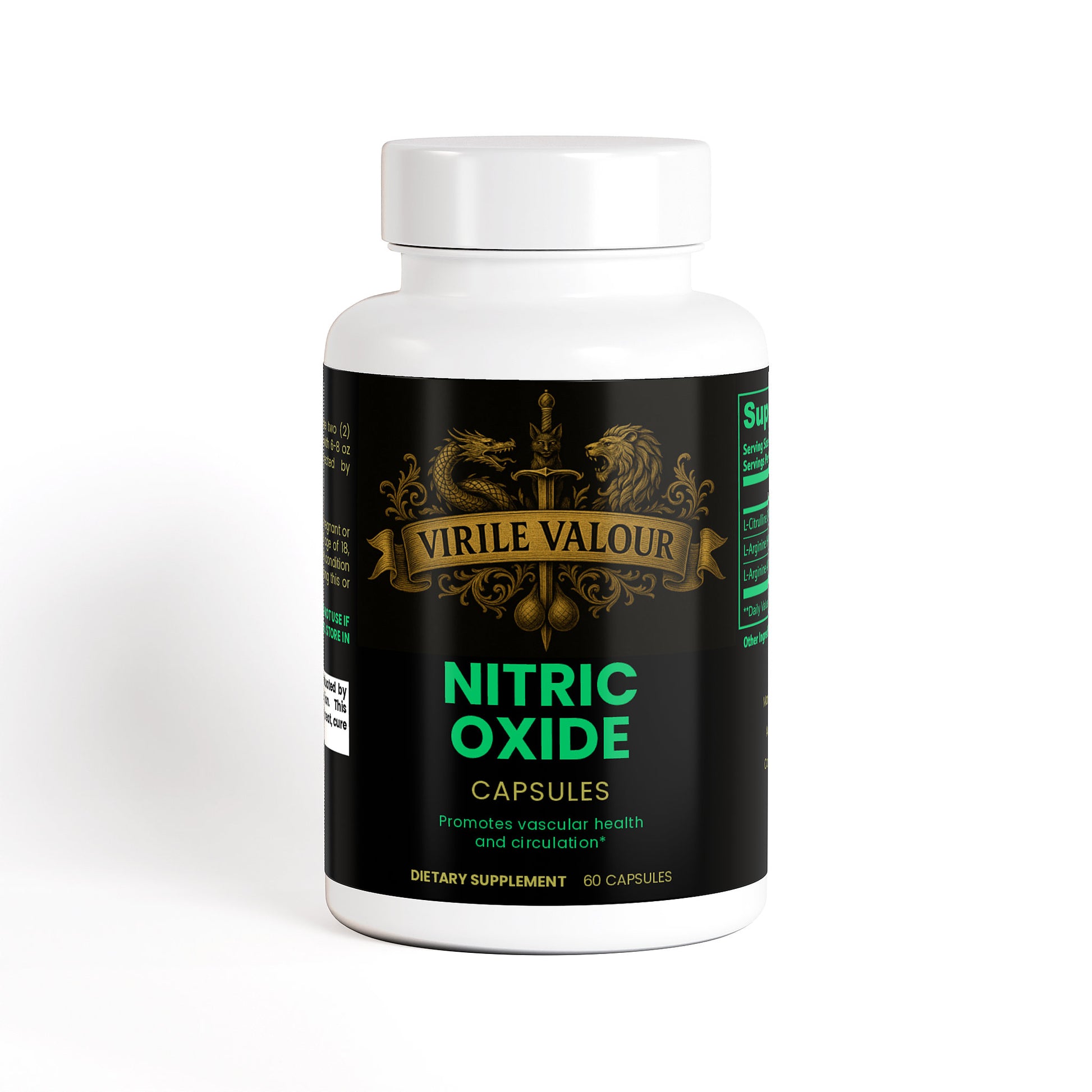 Supplement bottle labeled 'Virile Valour Nitric Oxide Capsules' on a white background that has ingredients to boost Erections, Testosterone, and Muscle Growth Naturally 