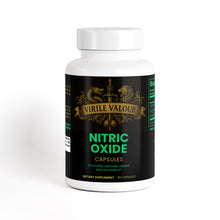 Supplement bottle labeled 'Virile Valour Nitric Oxide Capsules' on a white background that has ingredients to boost Erections, Testosterone, and Muscle Growth Naturally 
