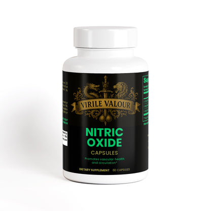 Supplement bottle labeled 'Virile Valour Nitric Oxide Capsules' on a white background that has ingredients to boost Erections, Testosterone, and Muscle Growth Naturally 