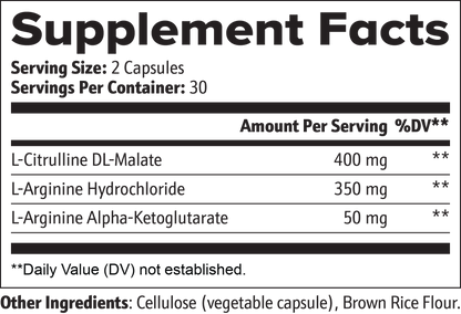 Virile Valour Nitric Oxide For Men supplements facts label with ingredients and serving sizes on a white background that boost muscle recovery