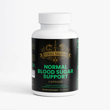 Supplement bottle labeled 'Normal Blood Sugar Support' by Virile Valour on a white background