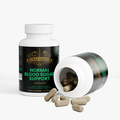 Supplement bottle labeled 'Normal Blood Sugar Support' with capsules on a white background