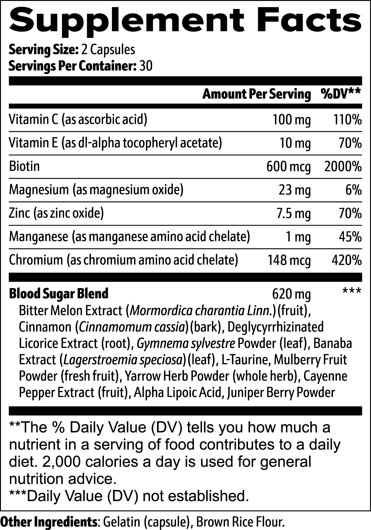 Virile Valour Normal Blood Sugar Support For Men Supplement facts label with detailed nutritional information on a black background