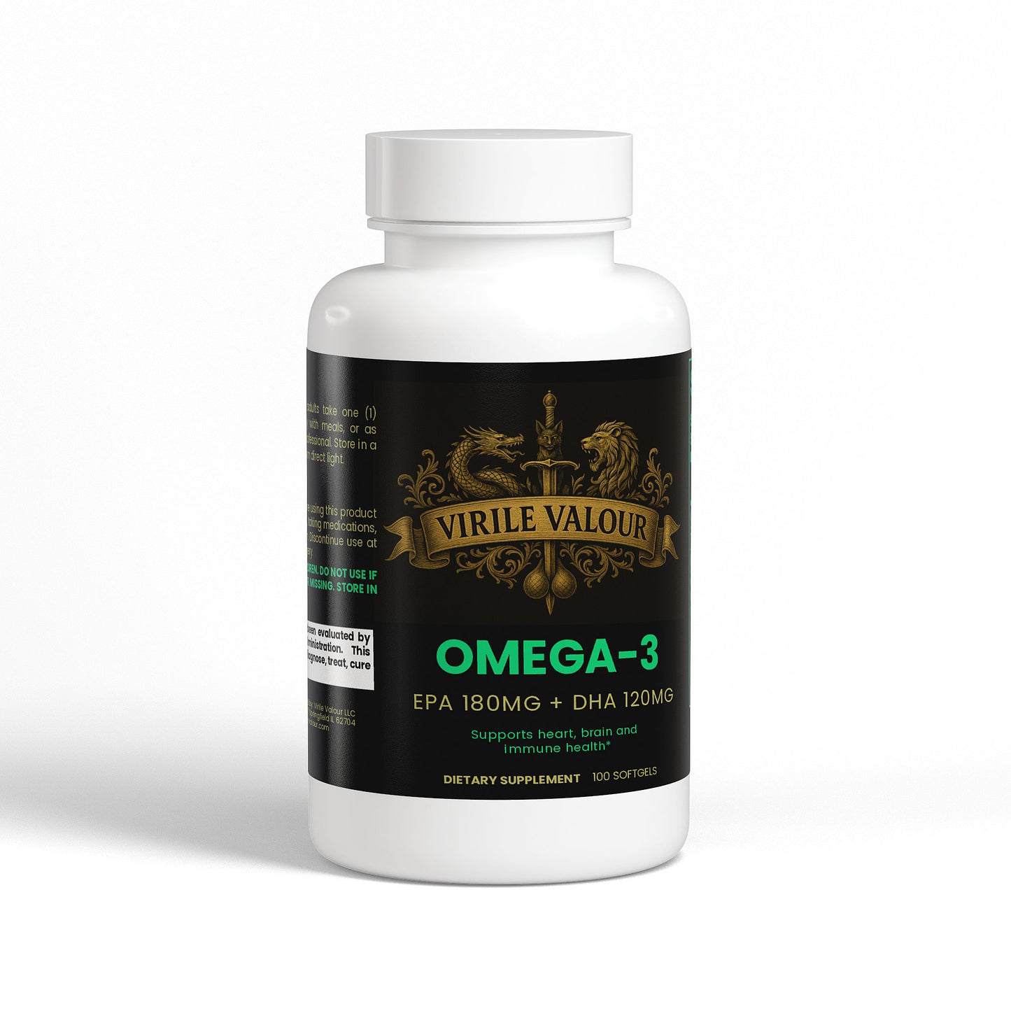 Supplement bottle labeled 'Virile Valour Omega-3' on a white background