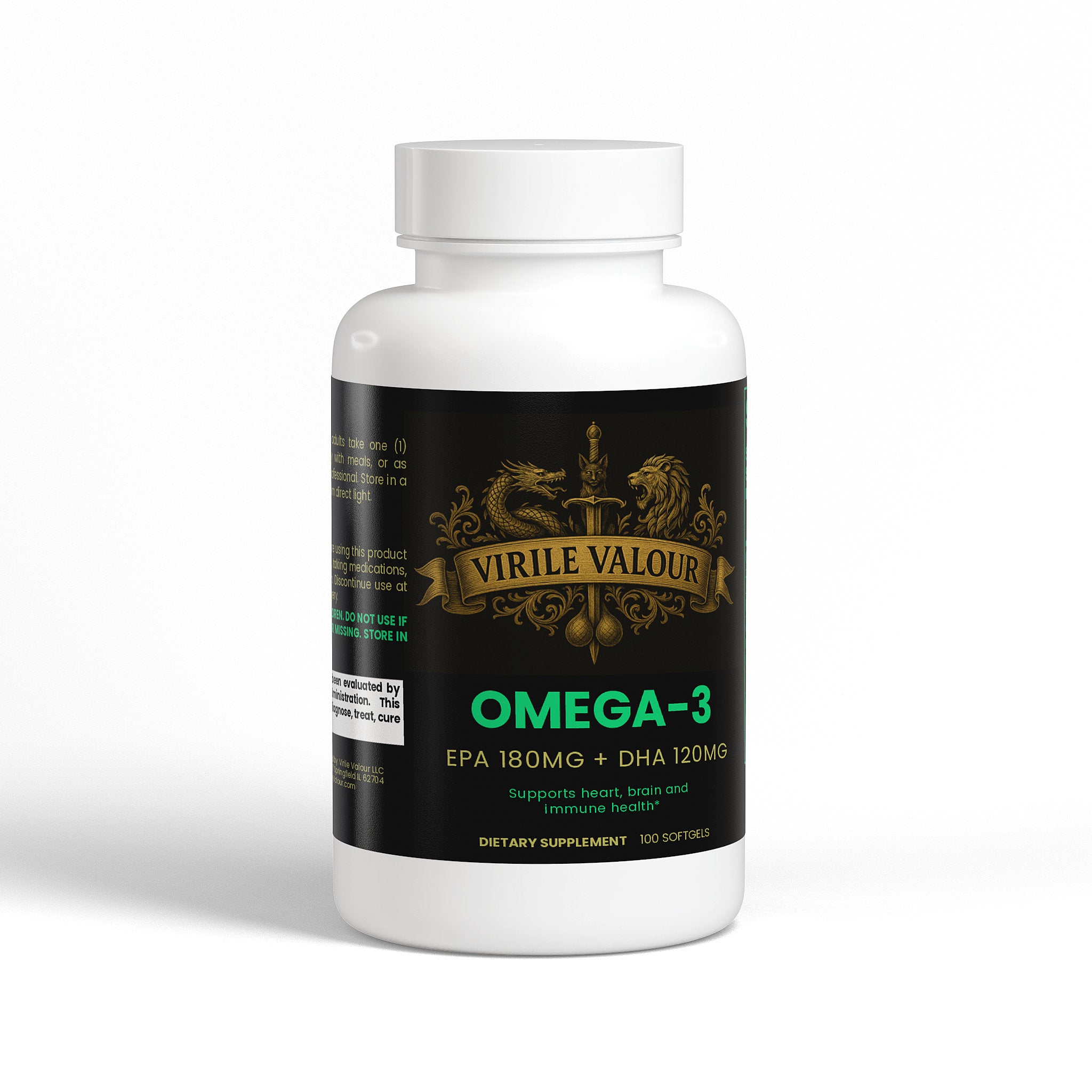 Supplement bottle labeled 'Virile Valour Omega-3' on a white background