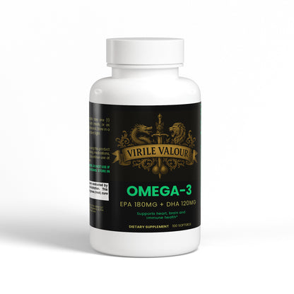 Supplement bottle labeled 'Virile Valour Omega-3' on a white background