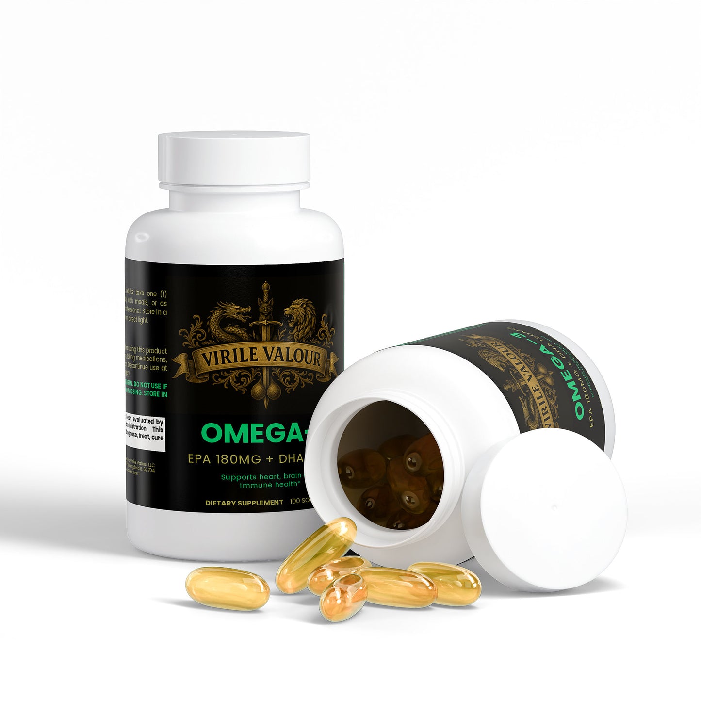 Supplement bottle labeled 'Omega' with open cap showing capsules on a white background