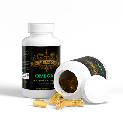 Supplement bottle labeled 'Omega' with open cap showing capsules on a white background