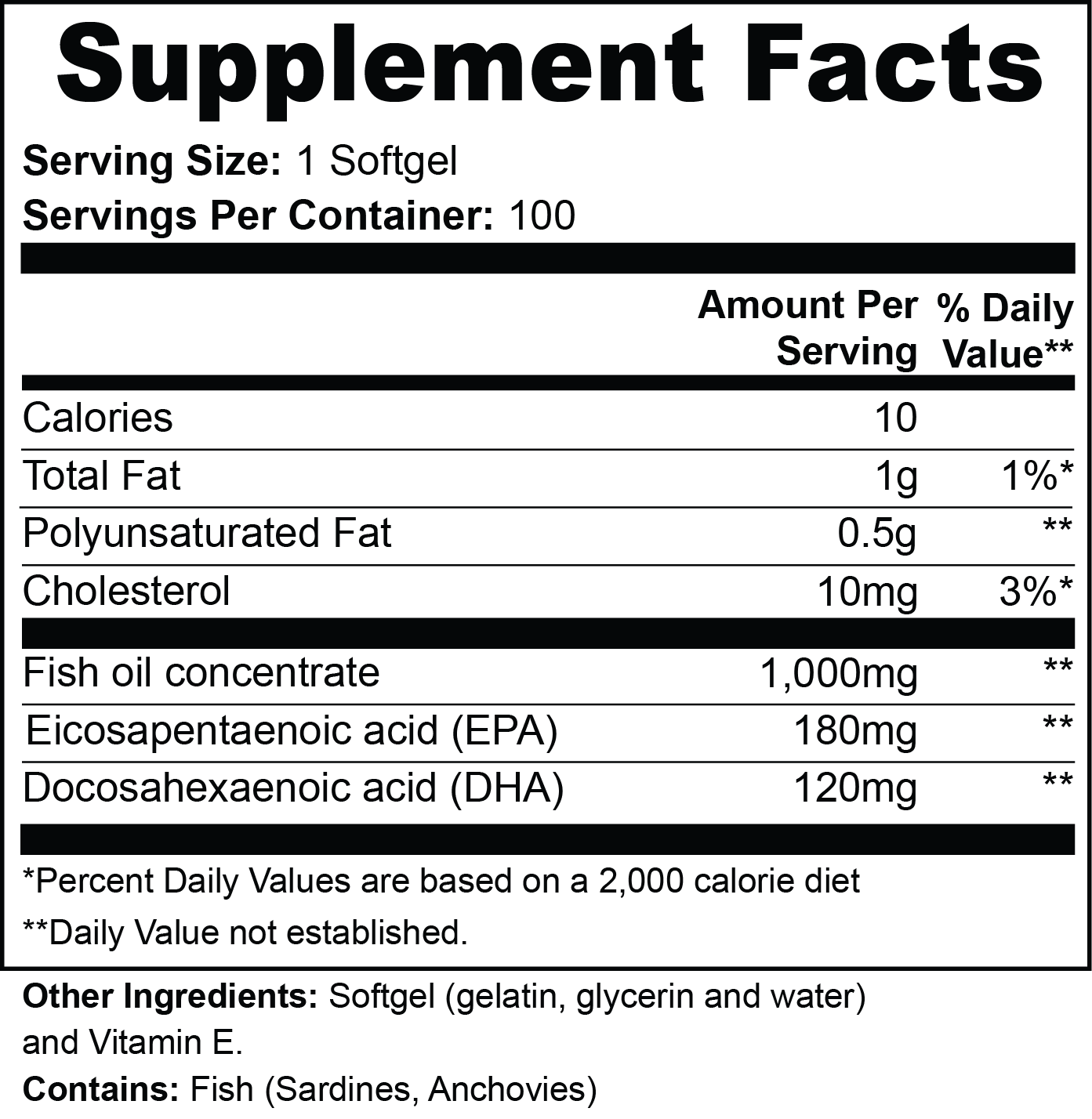 Virile Valour Omega-3 EPA 180mg+DHA 120mg For Men facts label for a fish oil supplement with detailed nutritional information.