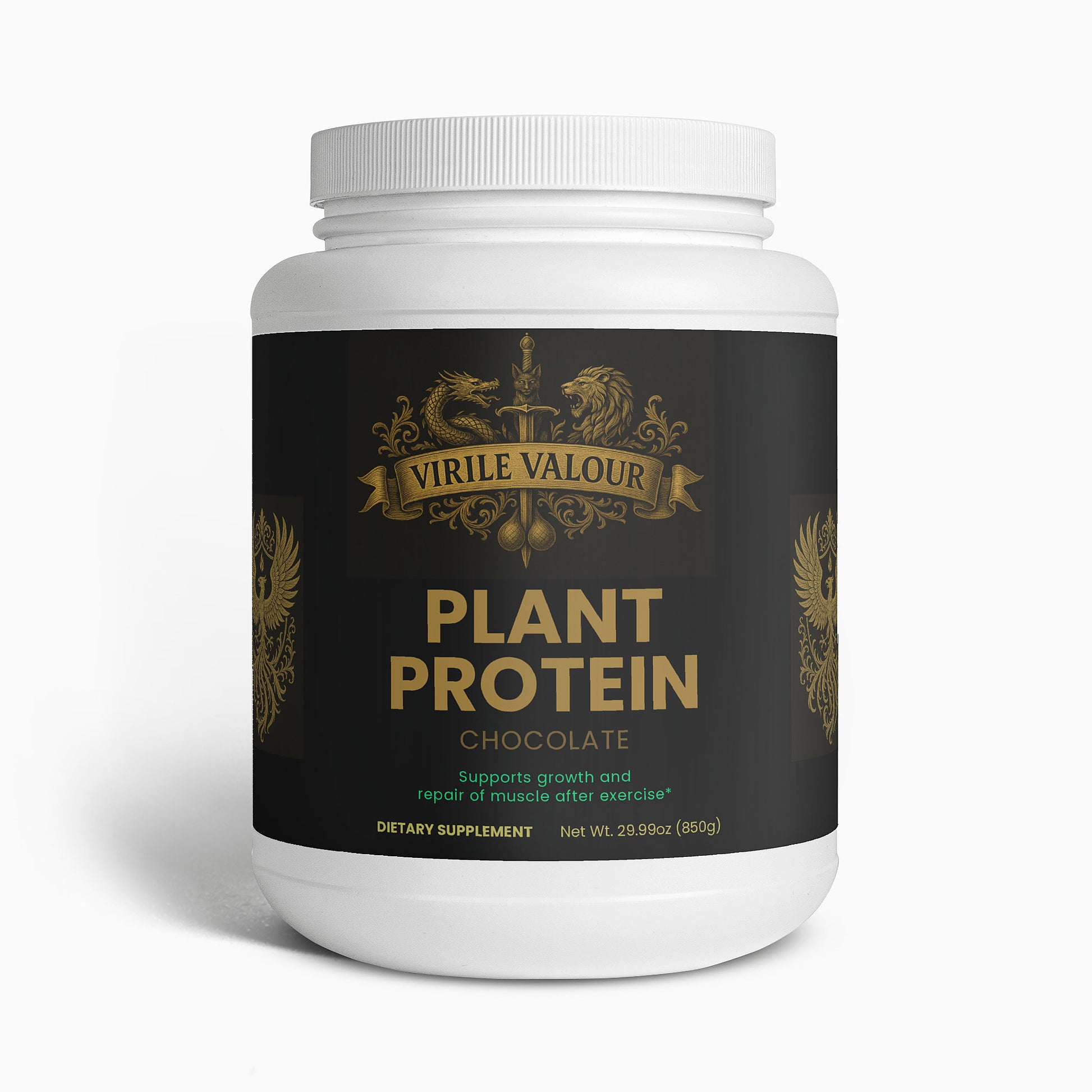 Container of Virile Valour Plant Protein with chocolate flavor on a white background