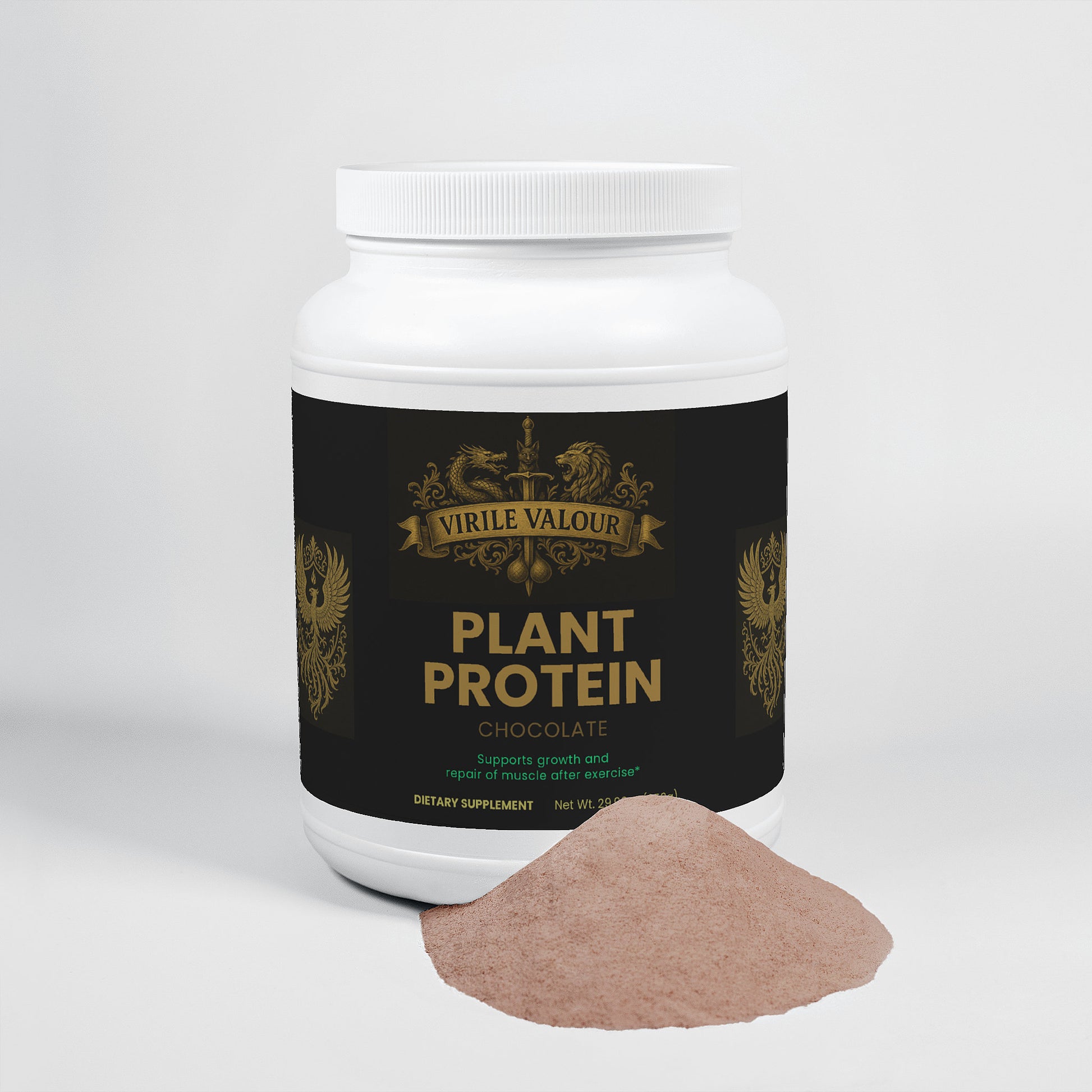 White container of Virile Valour Plant Protein Chocolate with a scoop of brown powder on a white background