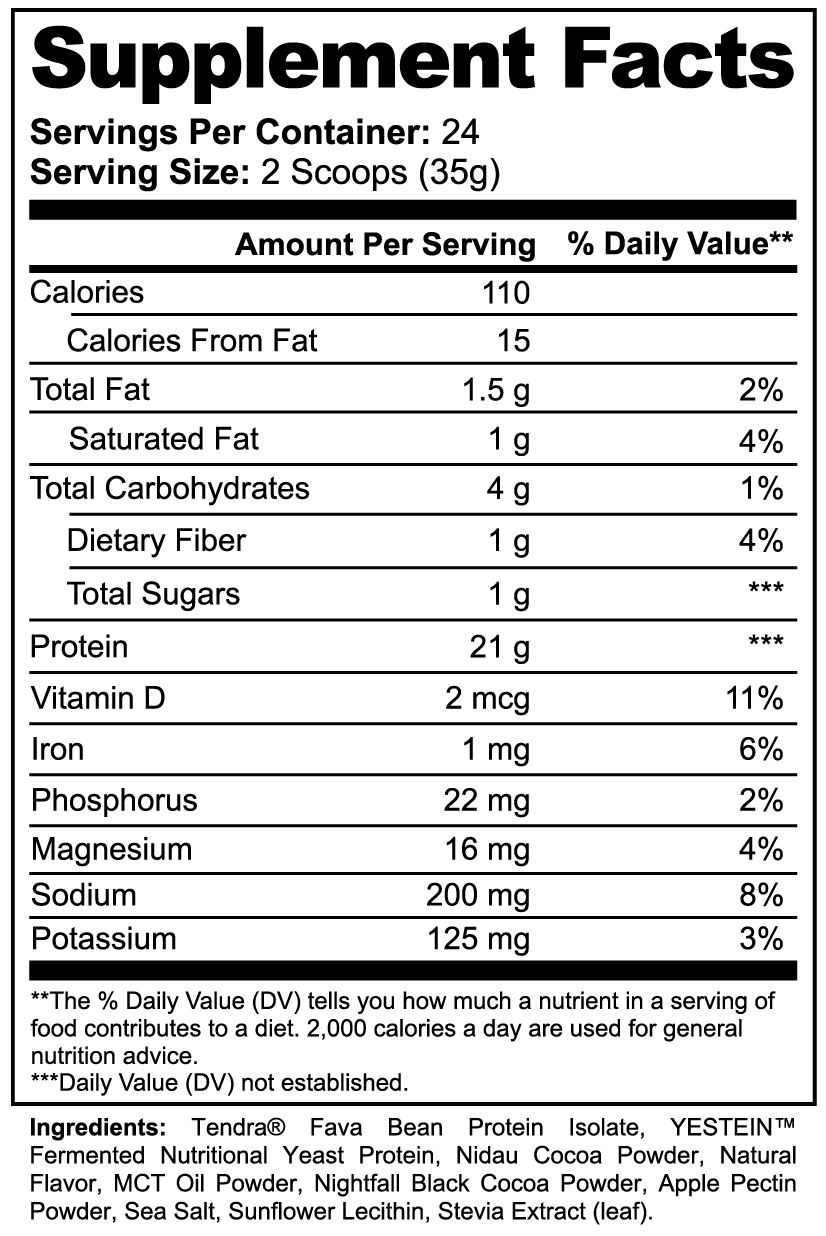 Virile Valour Plant Protein Chocolate For Men Supplement Facts label for a supplement with detailed nutritional information.