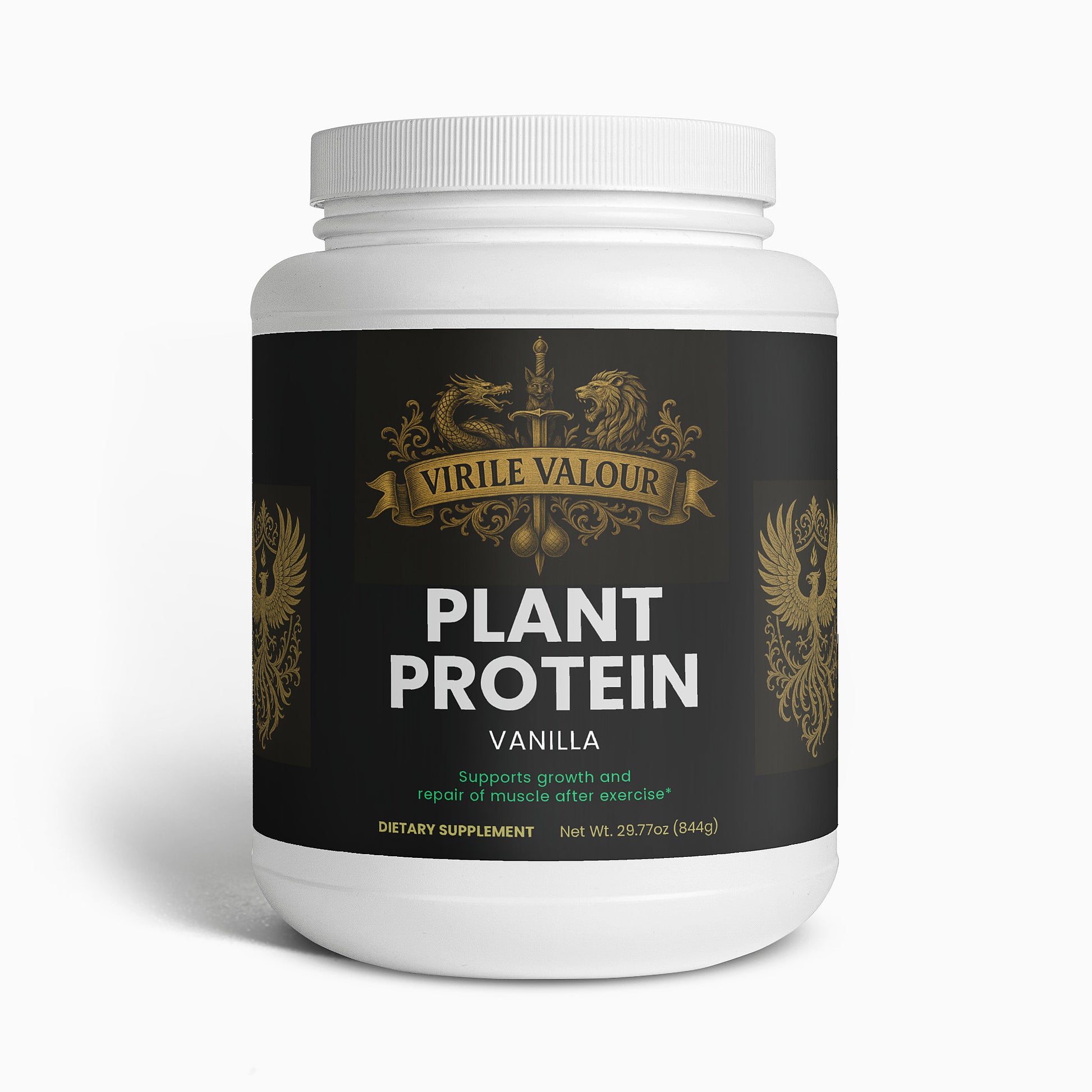 White container of Virile Valour Plant Protein Vanilla on a white background