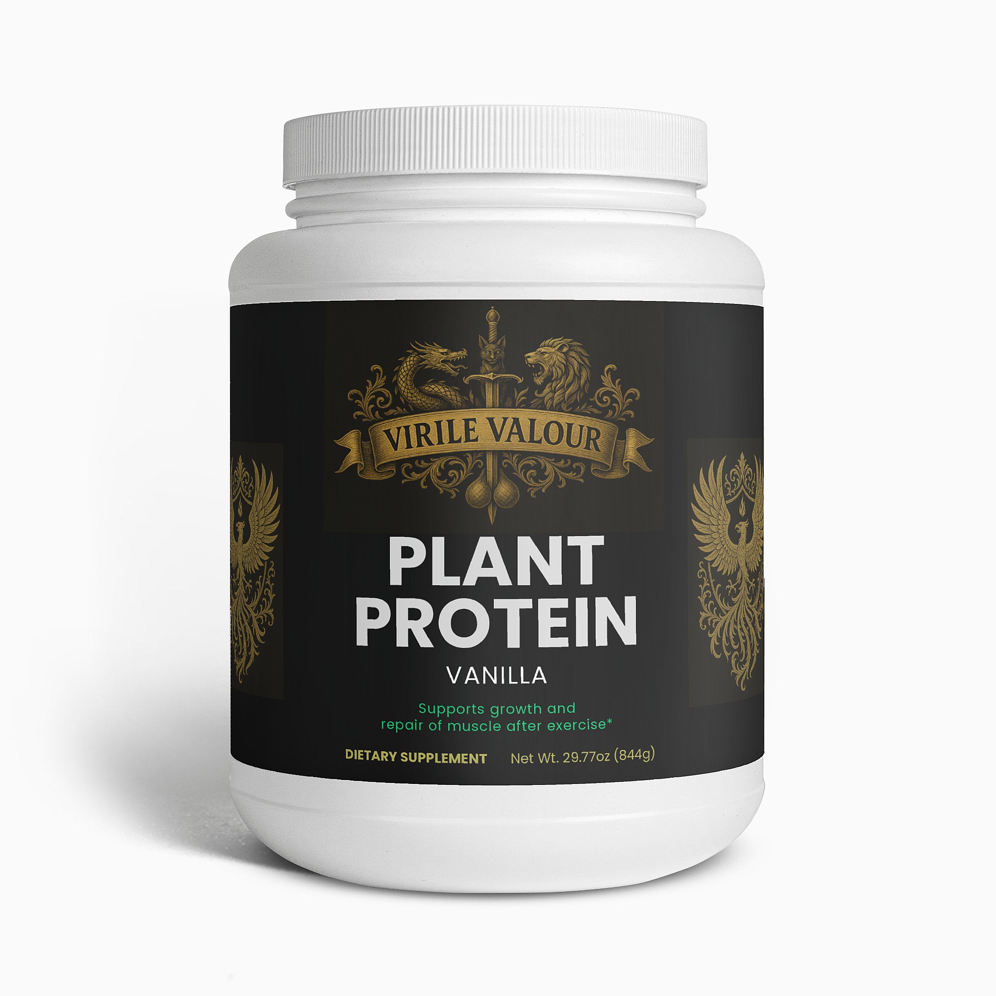White container of Virile Valour Plant Protein Vanilla on a white background
