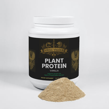 Jar of Virile Valor Plant Protein with vanilla powder on a white background