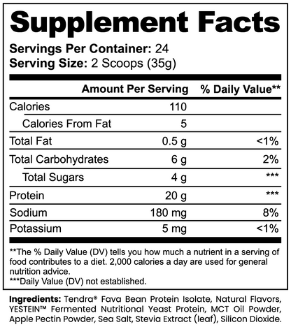 Virile Valour Plant Protein Vanilla For Men Supplement Facts label with nutritional information and ingredients listed.