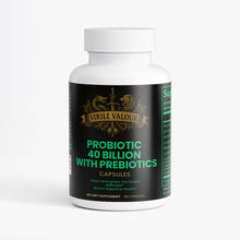Supplement bottle labeled 'Virile Valour' with probiotic and prebiotic claims on a white background