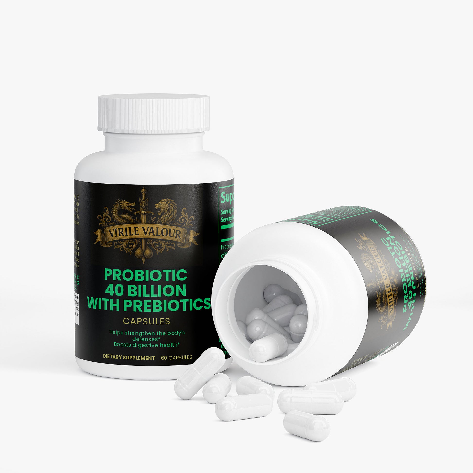 Probiotic supplement bottle with open lid showing capsules on a white background