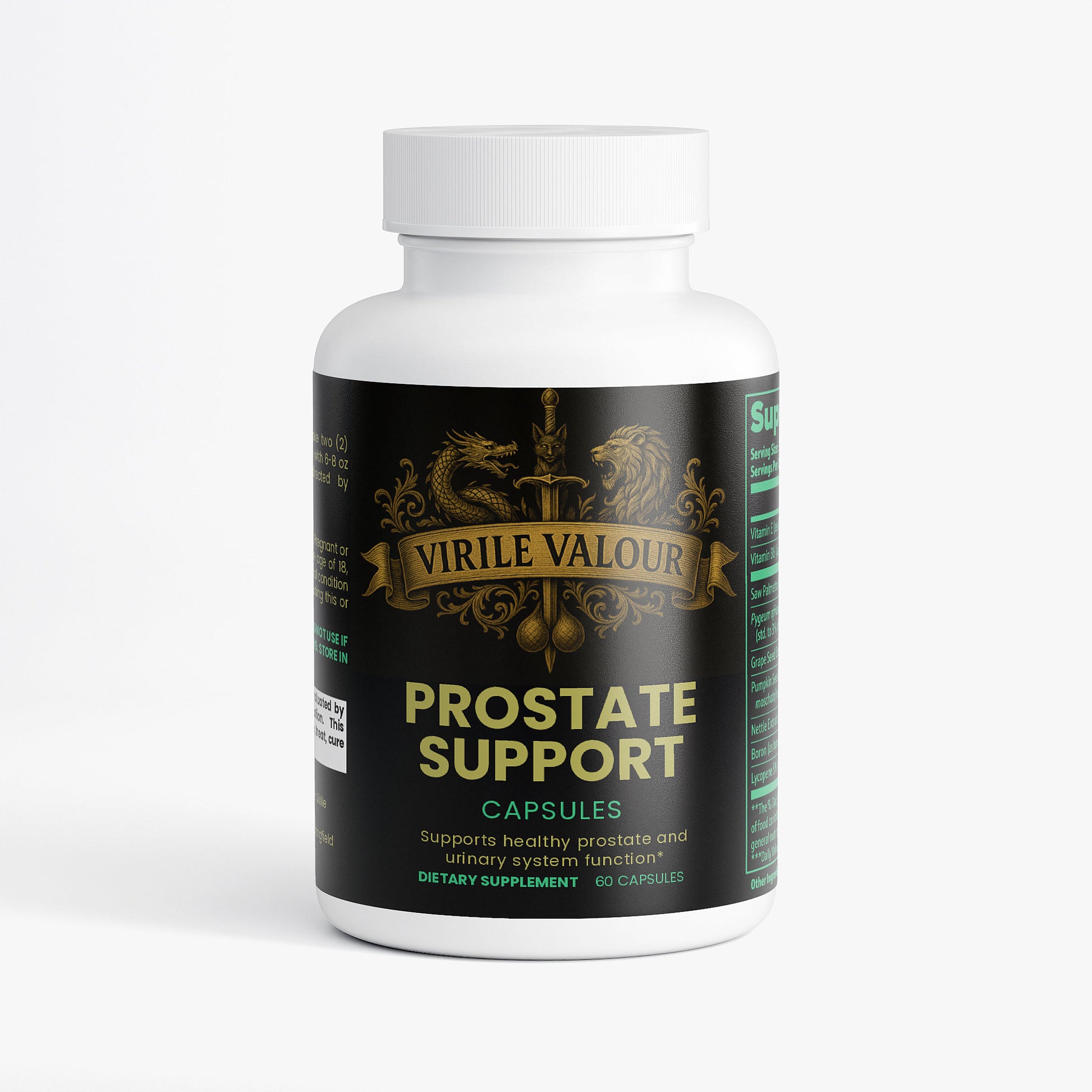Supplement bottle labeled 'Prostate Support' by Virile Valour on a white background