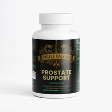 Supplement bottle labeled 'Prostate Support' by Virile Valour on a white background