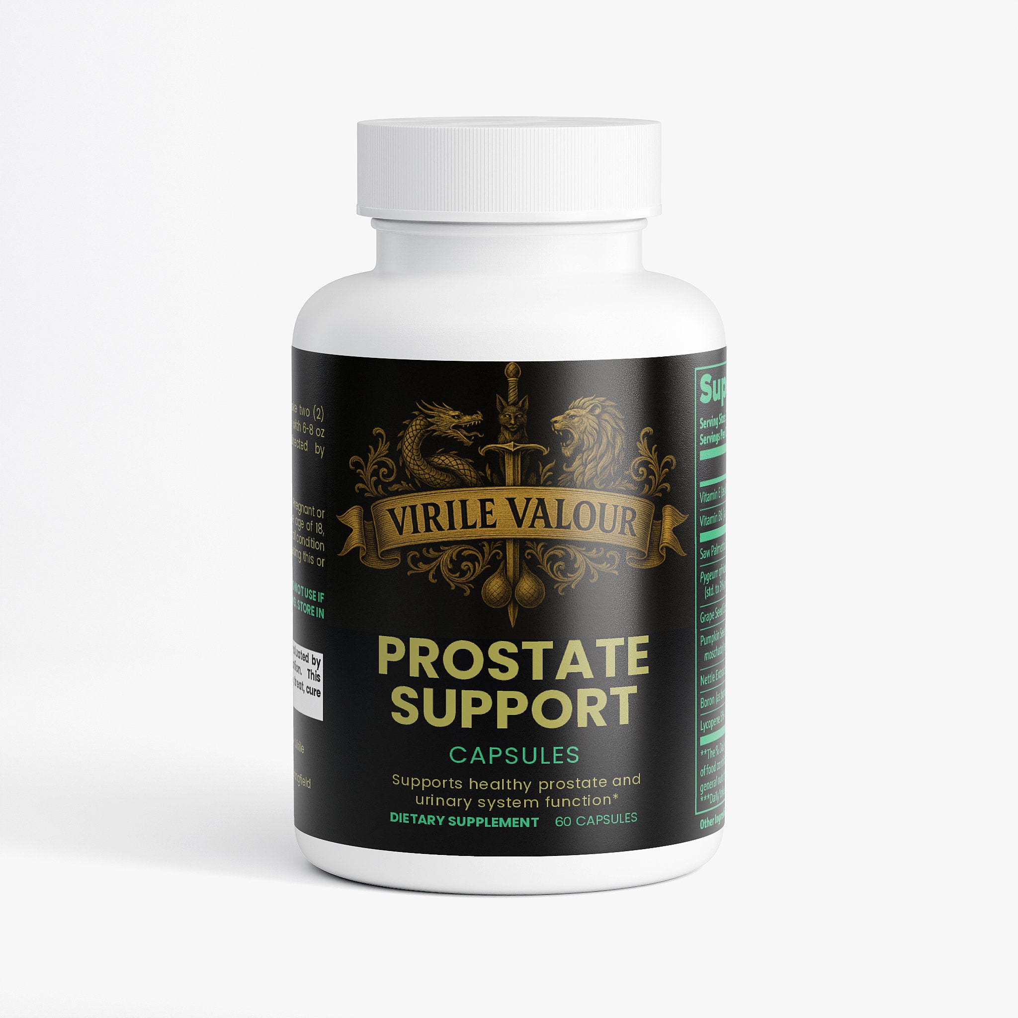 Supplement bottle labeled 'Prostate Support' by Virile Valour on a white background